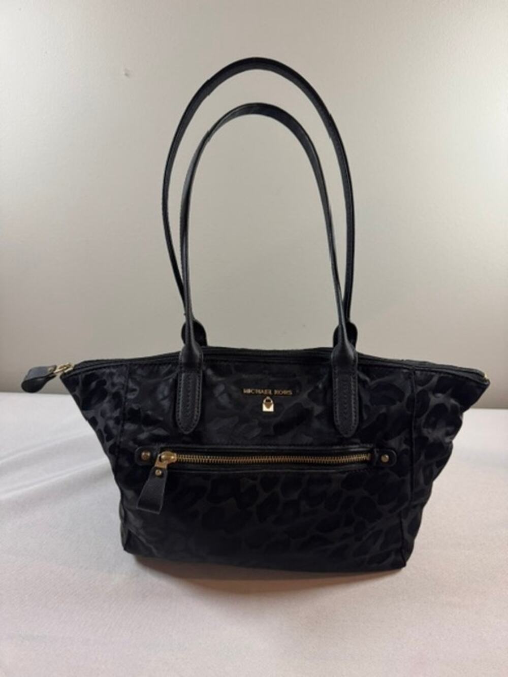 Michael Kors Kelsey Medium Black Leopard Nylon Tote Bag Gold Hardware